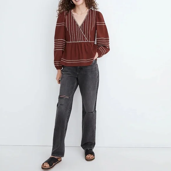 Madewell Embroidered Faux-Wrap Top Women's Size S Surplice Neckline Long sleeves - Picture 3 of 11